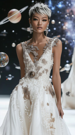 Futuristic Top Model walking on the catwalk during the Fashion Futuristic Bridal Week runway. Planets space on a black background. AI Generative.の写真素材