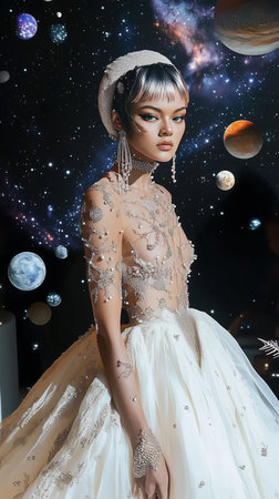Futuristic Top Model walking on the catwalk during the Fashion Futuristic Bridal Week runway. Planets space on a black background. AI Generative.の写真素材