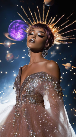 Futuristic Top Model walking on the catwalk during the Fashion Futuristic Bridal Week runway. Planets space on a black background. AI Generative.の写真素材