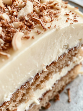 Delicious Slice of Carrot Cake with Cream Cheese Frosting. Close-up of a slice of carrot cake with...