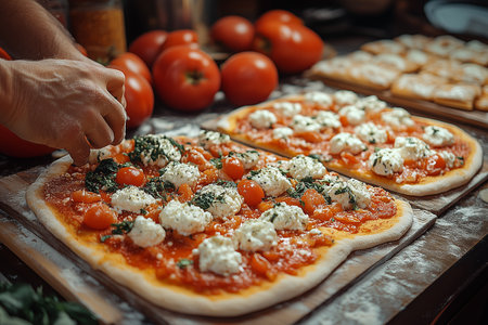 Delicious pizza prepared with the best ingredients to eat. The process of making pizza. AI...