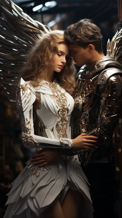 The Archangel Michael of men protects and embraces the young woman. Futuristic space planet background, Creative white huge wings. Love concept. AI Generative.の写真素材