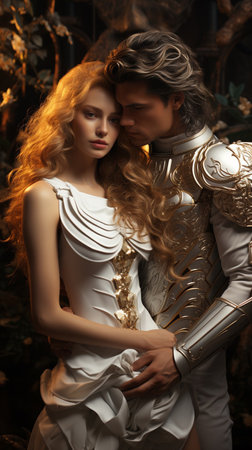 A young man protects and embraces the young woman. Futuristic space planet background, Creative white huge wings. Love concept. AI Generative.の写真素材