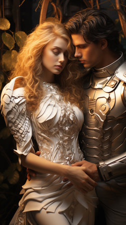 The Archangel Michael protects and embraces the young woman. Futuristic space planet background, Creative white huge wings. Love concept. AI Generative.の写真素材