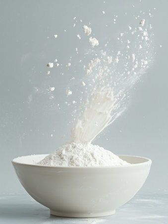 Photo of flour with splash. Kneading the Dough. Isolated on grey background. AI Generative.の写真素材