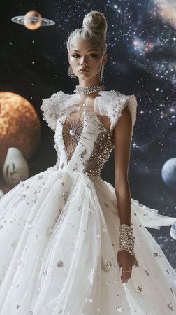 Futuristic Top Model walking on the catwalk during the Fashion Futuristic Bridal Week runway. Planets space on a black background. AI Generative.の写真素材