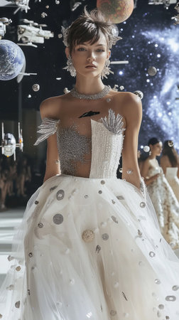 Futuristic Top Model walking on the catwalk during the Fashion Futuristic Bridal Week runway. Planets space on a black background. AI Generative.の写真素材