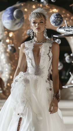 Futuristic Top Model walking on the catwalk during the Fashion Futuristic Bridal Week runway. Planets space on a black background. AI Generative.の写真素材