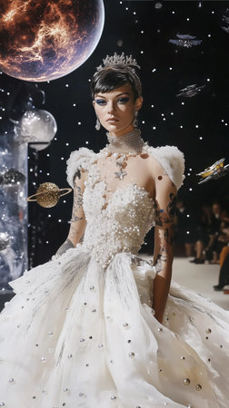 Futuristic Top Model walking on the catwalk during the Fashion Futuristic Bridal Week runway. Planets space on a black background. AI Generative.の写真素材