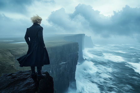 Scenic landscape photo of man on background of rocks and cliffs, Islands. Landscape photography. Man on top of a mountain. AI Generativeの写真素材