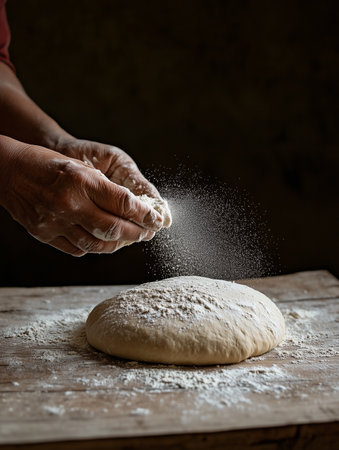 The man tosses the flour from his hands over the table. AI Generative video.