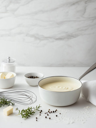 White bowl with flour and eggs, whisk on white background. Generative AI.の写真素材