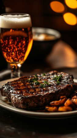Delicious grilled steak served with potatoes and garnished with fresh herbs on a plate in a cozy restaurant setting. In the background, a glass of amber beer with foam and warm bokeh lights create anの写真素材