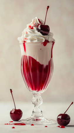Glass of sweet fresh cherry milkshake. AI Generative.の写真素材