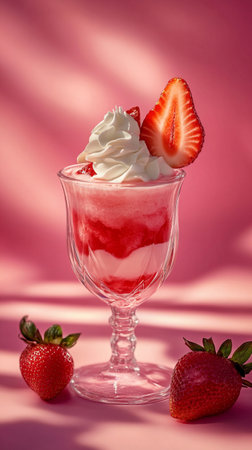 Glass of sweet fresh strawberry milkshake. AI Generative.
