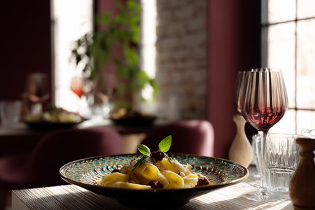 Traditional Italian Pasta, mediterranean cuisine, restaurant background. AI Generative. High quality photoの写真素材