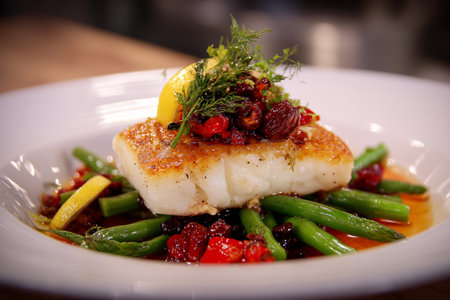 Fish dish, fried fillet with boiled vegetables. AI Generative.