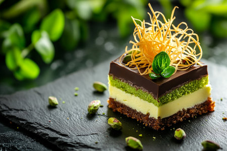 Chocolate dessert with kataifi and pistachio paste. AI Generative.の写真素材