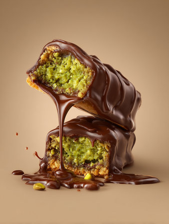 Chocolate bar with green kadayif and pistachio spread. AI Generative.の写真素材