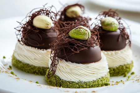 Chocolate dessert with kataifi and pistachio paste. AI Generative.の写真素材