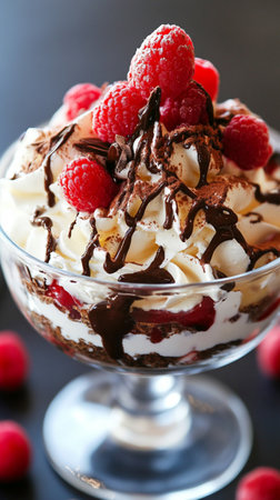 Tiramisu dessert with raspberry in a glass on dark background. AI Generative.の写真素材