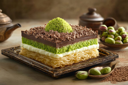 Chocolate dessert with kataifi and pistachio paste. AI Generative.の写真素材