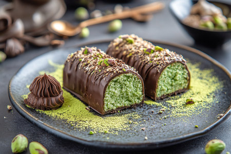 Chocolate dessert with kataifi and pistachio paste. AI Generative.