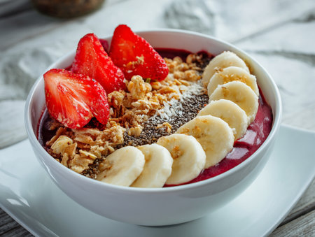 Strawberry Banana Granola Yogurt Breakfast. Selective focus. AI Generative.の写真素材