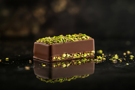 Luxury trendy dark broken chocolate, with Pistachio on black wooden rustic backdrop. AI Generative.の写真素材