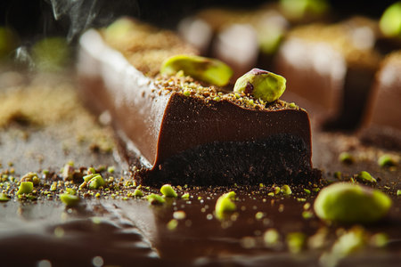 Luxury trendy dark broken chocolate, with Pistachio on black wooden rustic backdrop. AI Generative.の写真素材