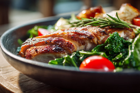 Grilled chicken, green salad with tomato and fresh vegetables on restaurant background. AI Generative.の写真素材