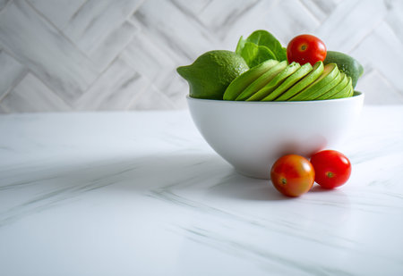 Green bowl salad with tomato and fresh vegetables.の写真素材