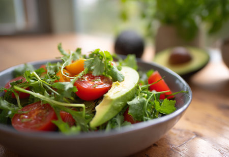 Green bowl salad with tomato and fresh vegetables. AI Generative.