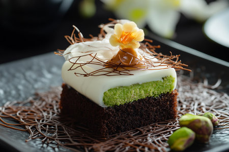 Chocolate dessert with kataifi and pistachio paste. AI Generative.の写真素材