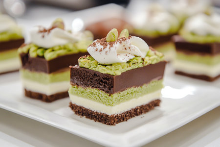 Chocolate dessert with kataifi and pistachio paste. AI Generative.