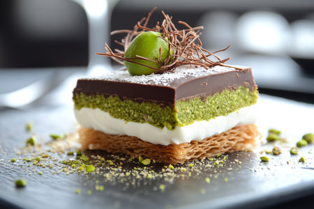 Chocolate dessert with kataifi and pistachio paste. AI Generative.の写真素材
