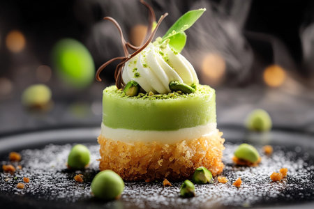 Chocolate dessert with kataifi and pistachio paste. AI Generative.の写真素材