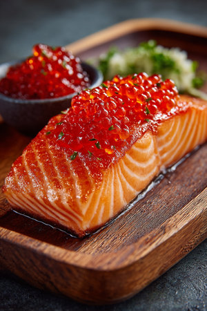 Grilled salmon with caviar. AI Generative.の写真素材
