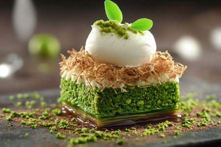 Chocolate dessert with kataifi and pistachio paste. AI Generative.の写真素材