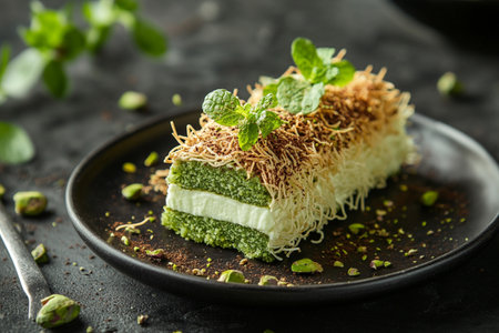Chocolate dessert with kataifi and pistachio paste. AI Generative.の写真素材
