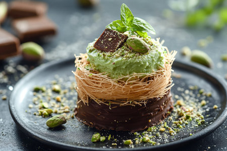 Chocolate dessert with kataifi and pistachio paste. AI Generative.
