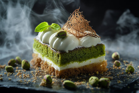 Chocolate dessert with kataifi and pistachio paste. AI Generative.の写真素材