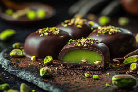 Luxury trendy dark broken chocolate, with Pistachio on black wooden rustic backdrop. AI Generative.の写真素材