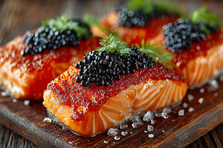Salmon fillet with black caviar on wooden background. AI Generative.の写真素材