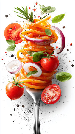 Pasta Spaghetti vegetable on a folk in white background. Popular Italian food. AI Generative.の写真素材