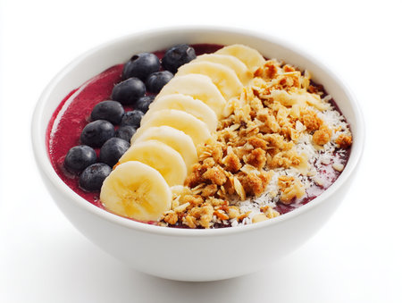 Bowl with Fresh Fruits and Seeds A delicious and healthy acai smoothie bowl topped with banana, blueberry, granola. Generative AI.の写真素材