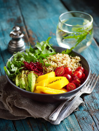 Close up of bowl with quinoa salad with red tomatoes, mango. restaurant background. AI Generative.の写真素材
