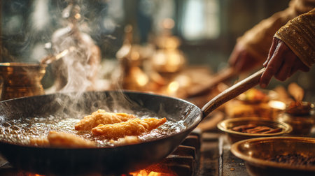 Crispy samosas being deep-fried at the street food stall.AI Generative.の写真素材