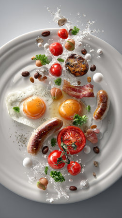 Fresh delicious tasty homemade sandwich with avocado, roasted egg and bacon falling in the air isolated on gray background.の写真素材