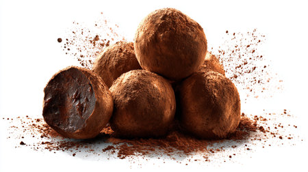 Chocolate truffles with cocoa powder isolated on white background. Generative AI.の写真素材
